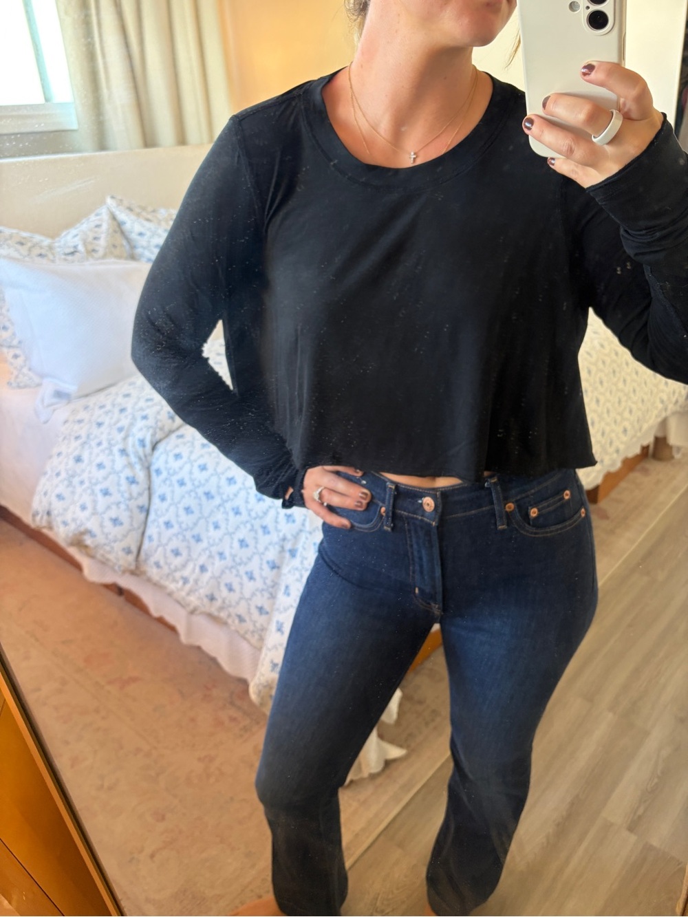 Free People Women's Black Long-Sleeve Cropped Light Weight Tee